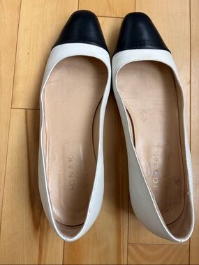 JONAK Black & White Leather Cap-Toe Ballet Flats